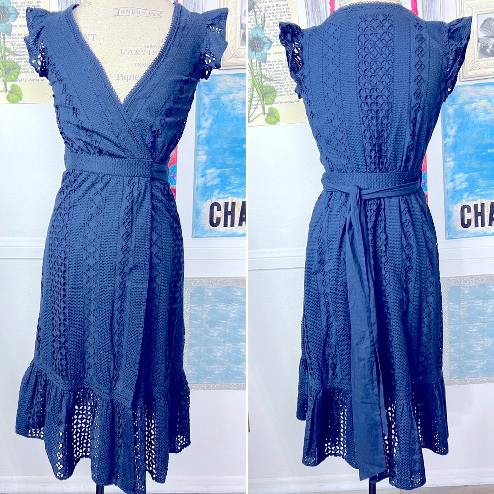 J.Crew Lace Crochet Midi Dress A-skirt Wrap Belted Navy Sz. XS ALL OVER EYELET